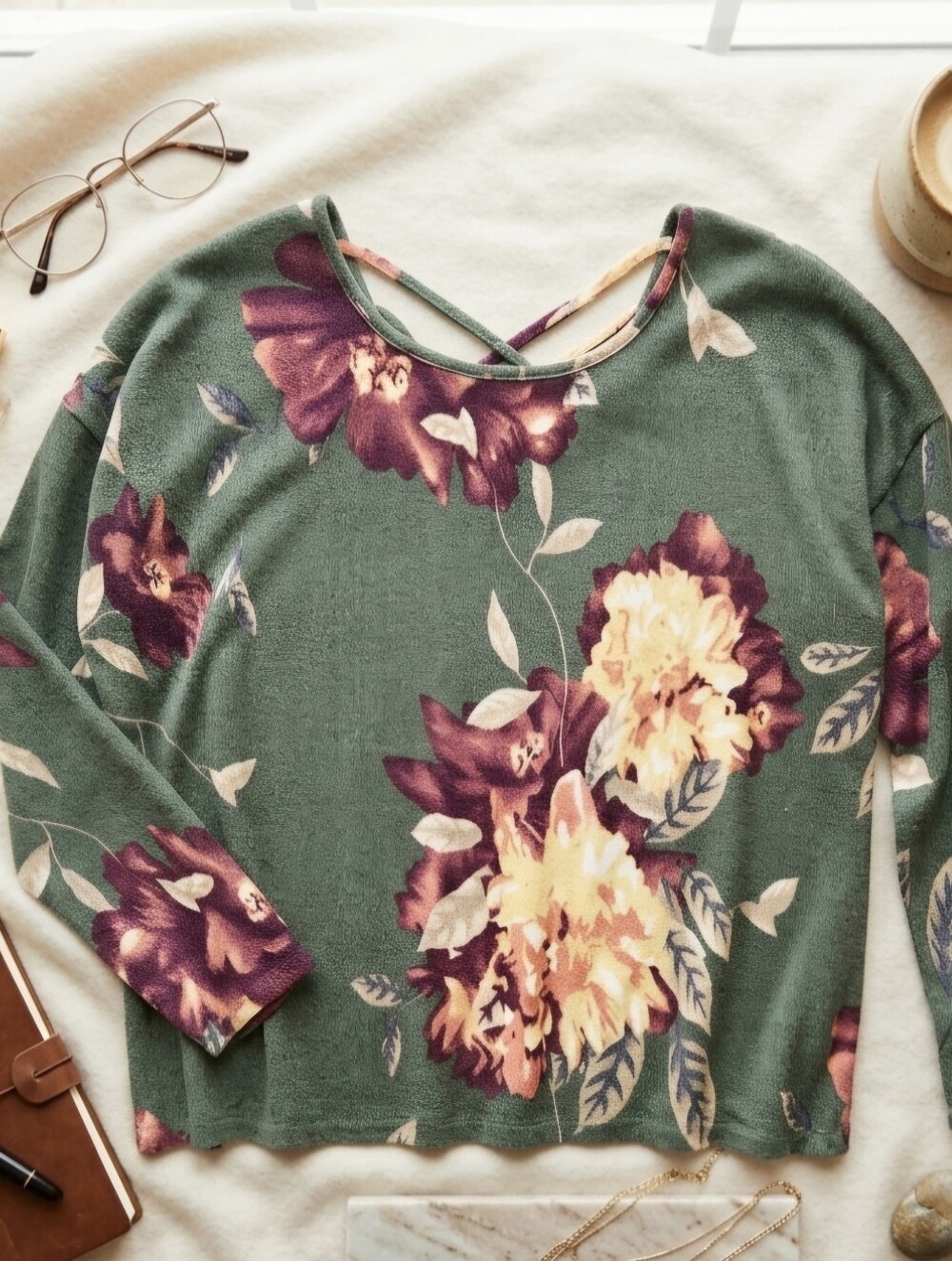 Lavish Green Floral Fleece Top Criss Cross Strappy Back Drop Shoulder Sweatshirt